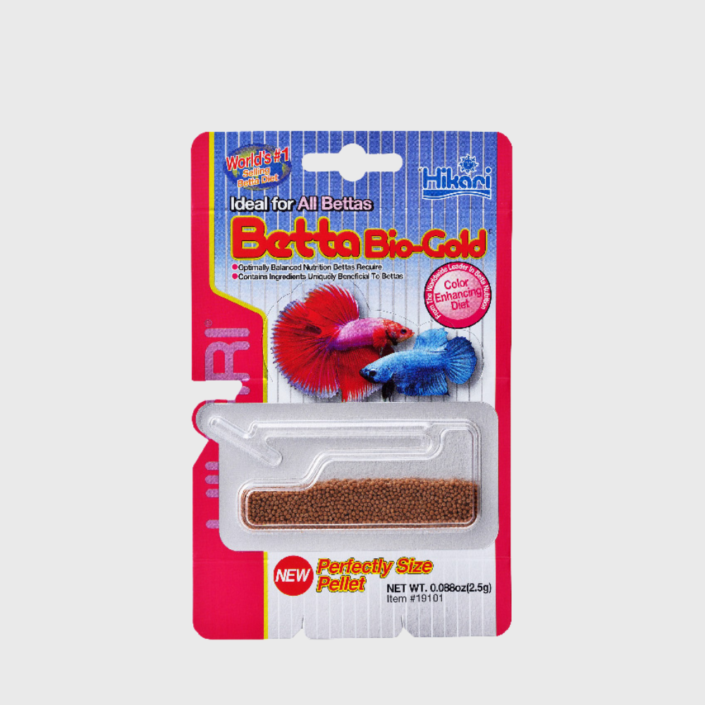 Hikari Betta Bio-Gold is a line of specialized, floating pellets designed to provide balanced nutrition for bettas. It includes ingredients like Astaxanthin for color enhancement, Grape Seed Extract to reduce aging, and Spirulina for vitamins. 