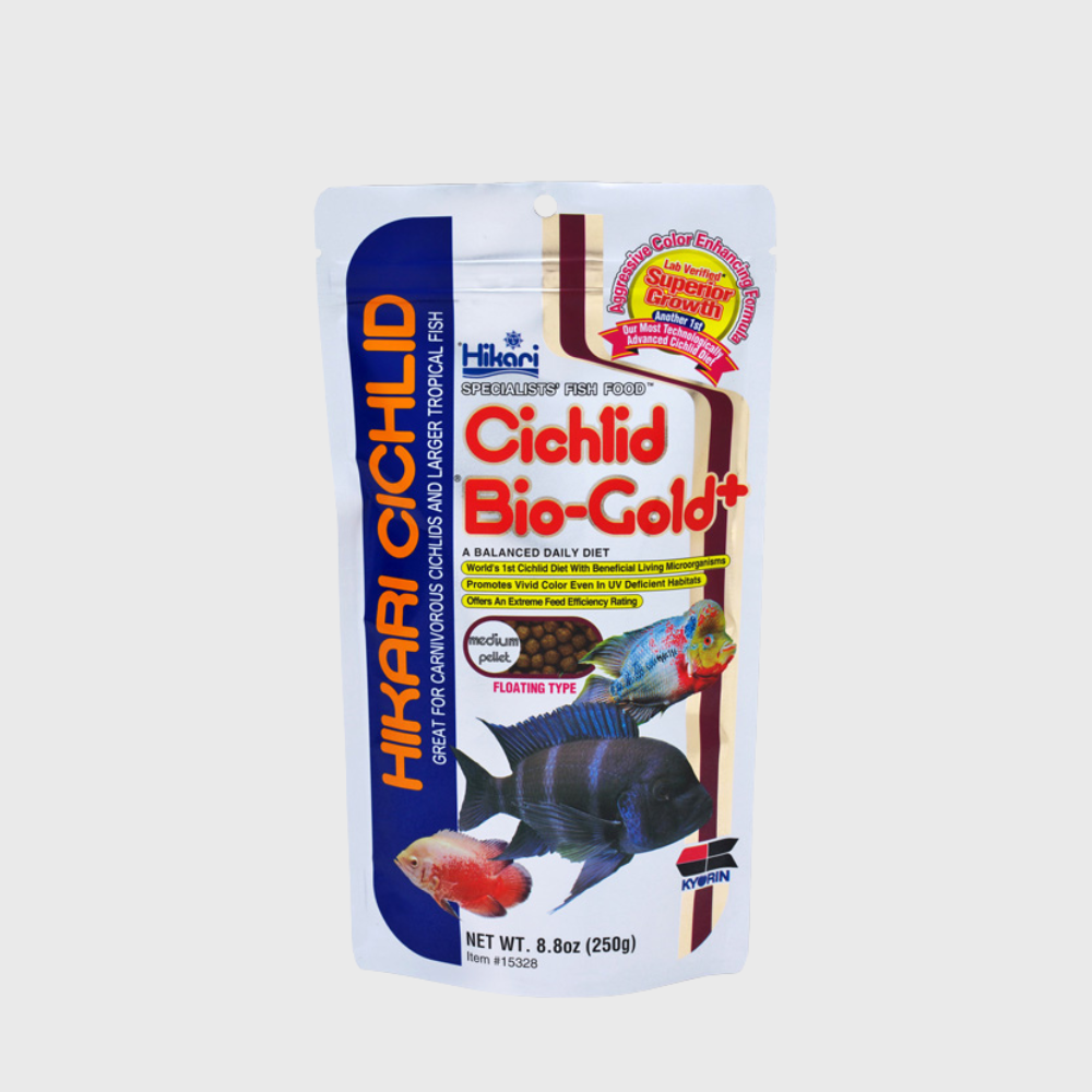 Hikari Cichlid Bio-Gold is a daily fish food for carnivorous cichlids and large tropical fish, formulated to promote vivid coloration and rapid, healthy growth. 