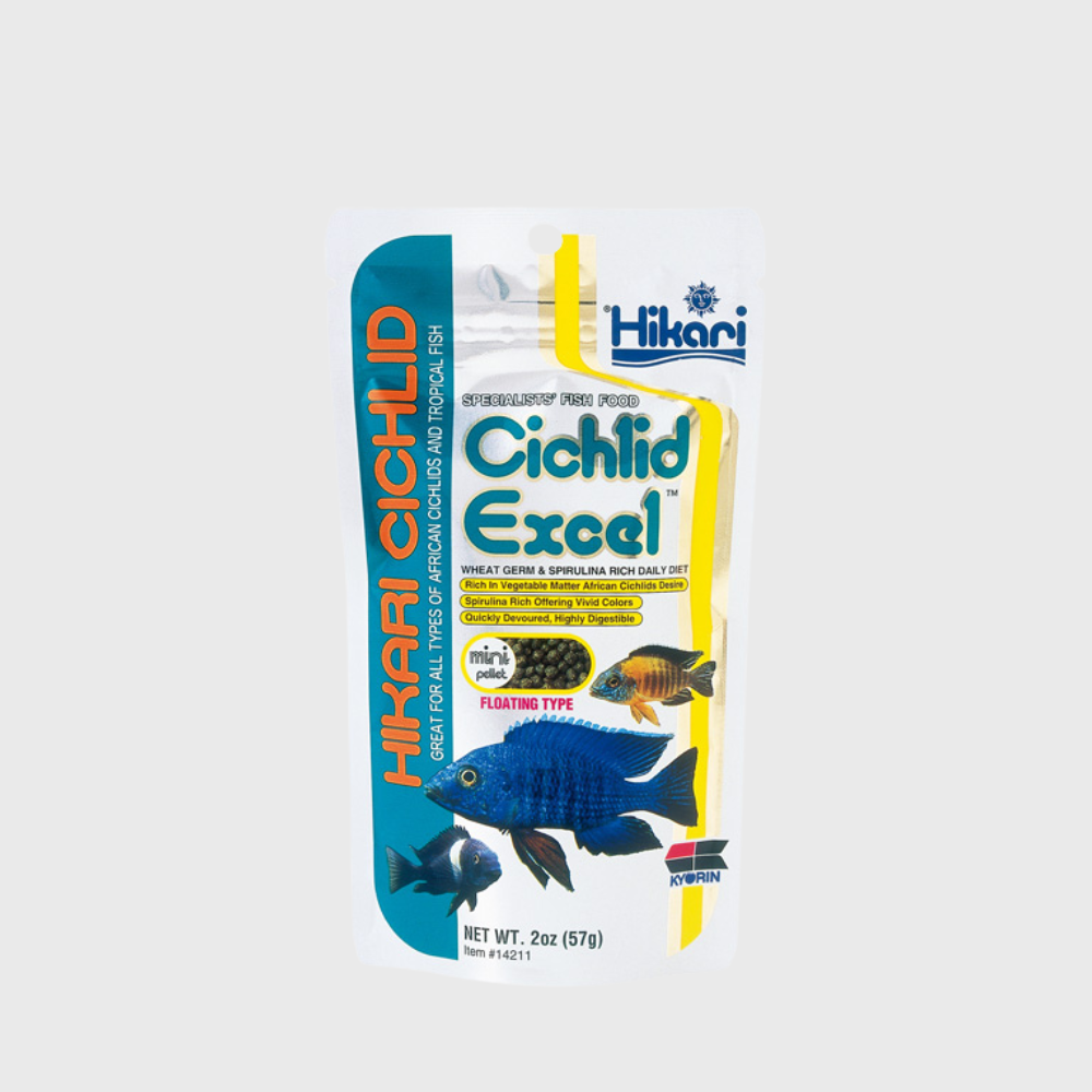Hikari Cichlid Excel is a highly nutritious, plant-based daily diet for herbivorous cichlids and larger tropical fish that is available in both floating and sinking pellet forms. 