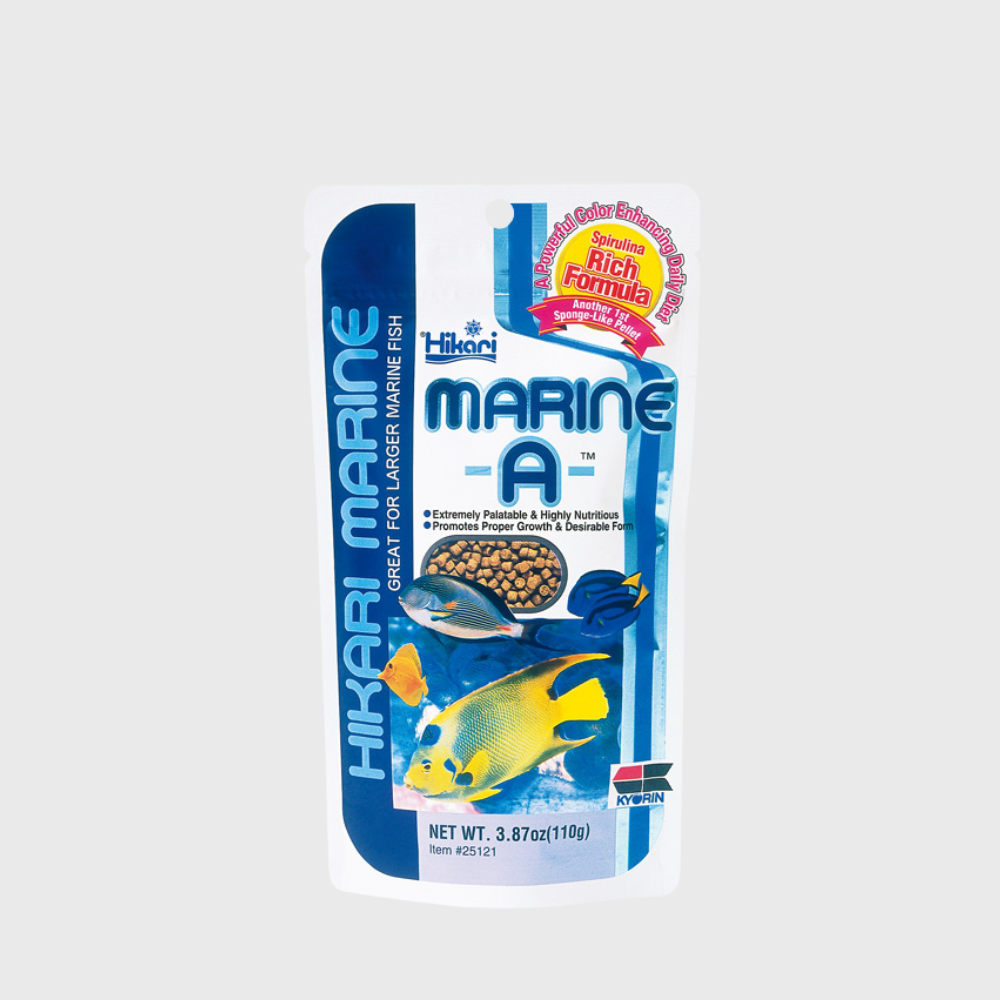 Hikari Marine -A- is a premium daily pellet food for large marine fish, including angelfish, butterfly fish, tangs, wrasses, triggers, and puffers. Manufactured in Japan by Kyorin Food Industries, Ltd., it is designed to enhance colors, support immune health, and provide balanced nutrition. 
