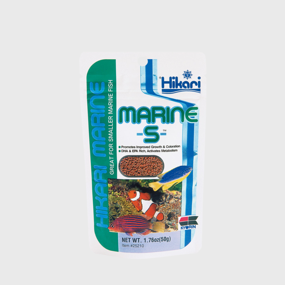 Hikari Marine -S- is a high-protein, slowly-sinking pellet food for small marine fish, such as clownfish, damsels, and wrasses. The pellets are designed to be a daily diet and offer high-quality nutrition for saltwater aquarium fish.