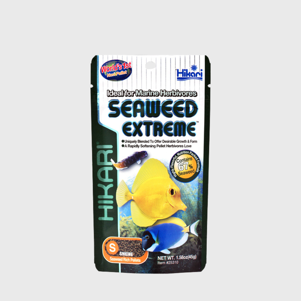 Hikari Seaweed Extreme is a scientifically developed, highly aromatic marine fish food containing over 67% natural seaweed, designed specifically for the nutritional needs of herbivorous species
