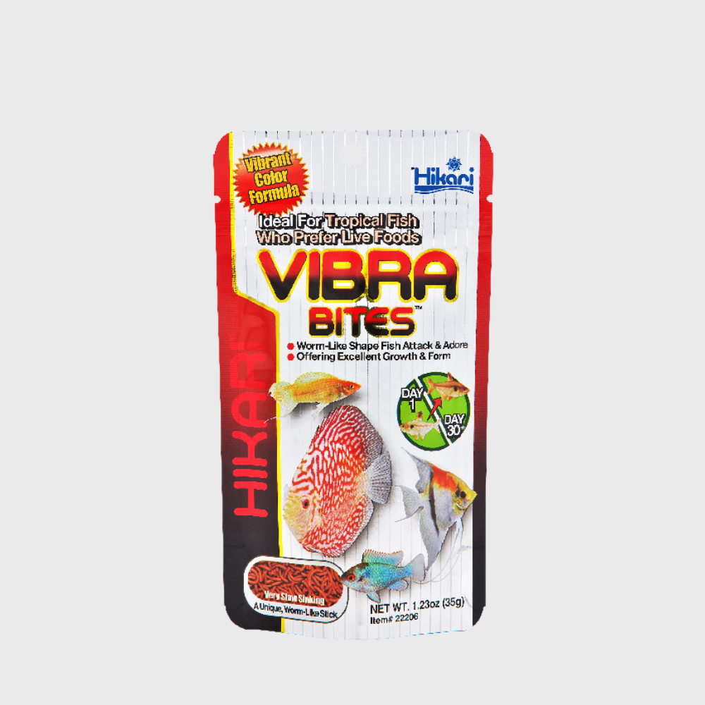 Hikari Vibra Bites is a popular, high-protein, color-enhancing daily diet for tropical fish, designed as a safe and nutritious alternative to live foods like bloodworms. 